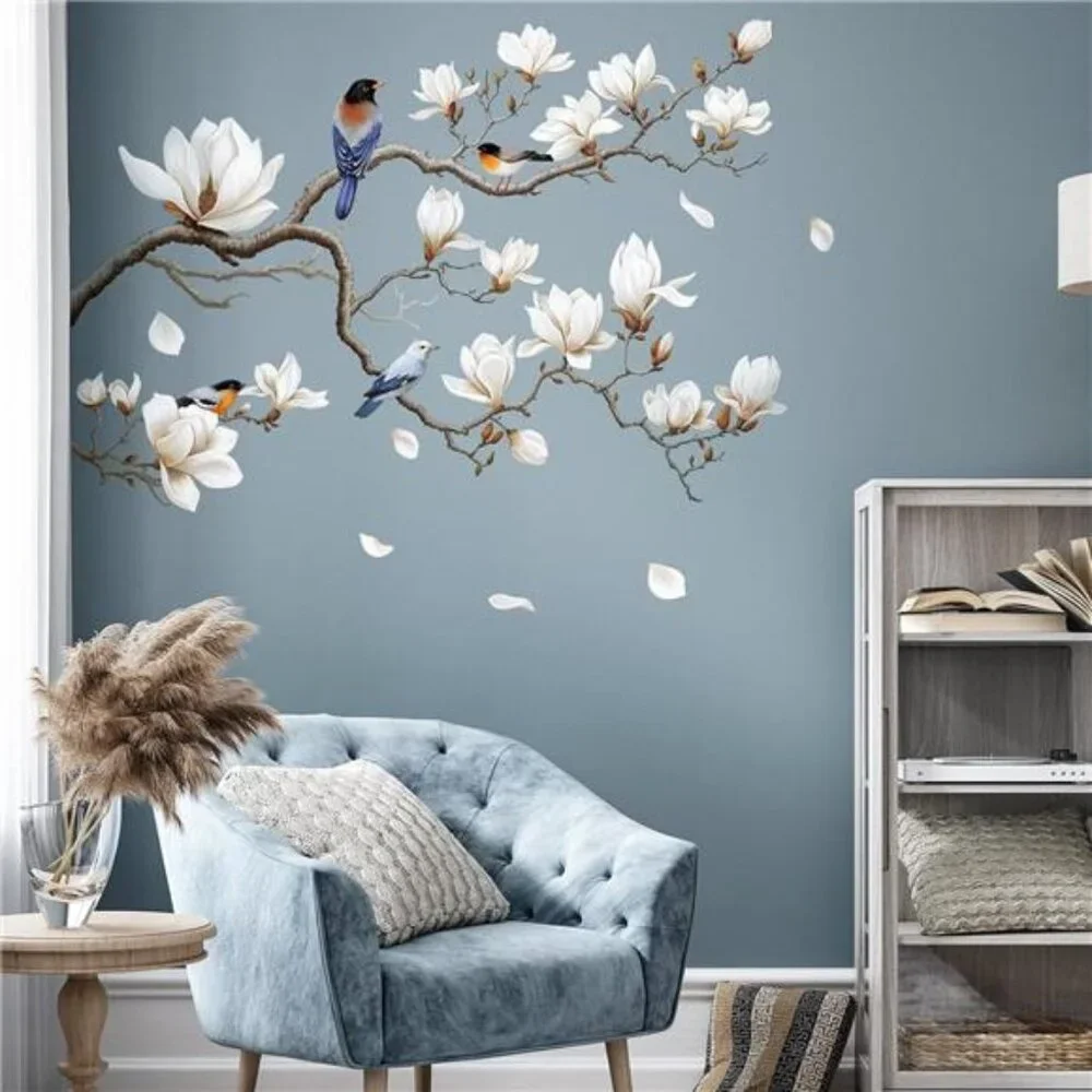 White Magnolia Wall Decals Peel and Stick Tree Flowers Branch Home Room Decor